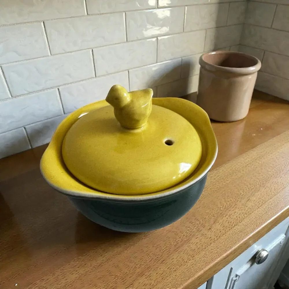 Vintage Hall China Green Yellow Covered Individual Casserole Chick Finial Lid